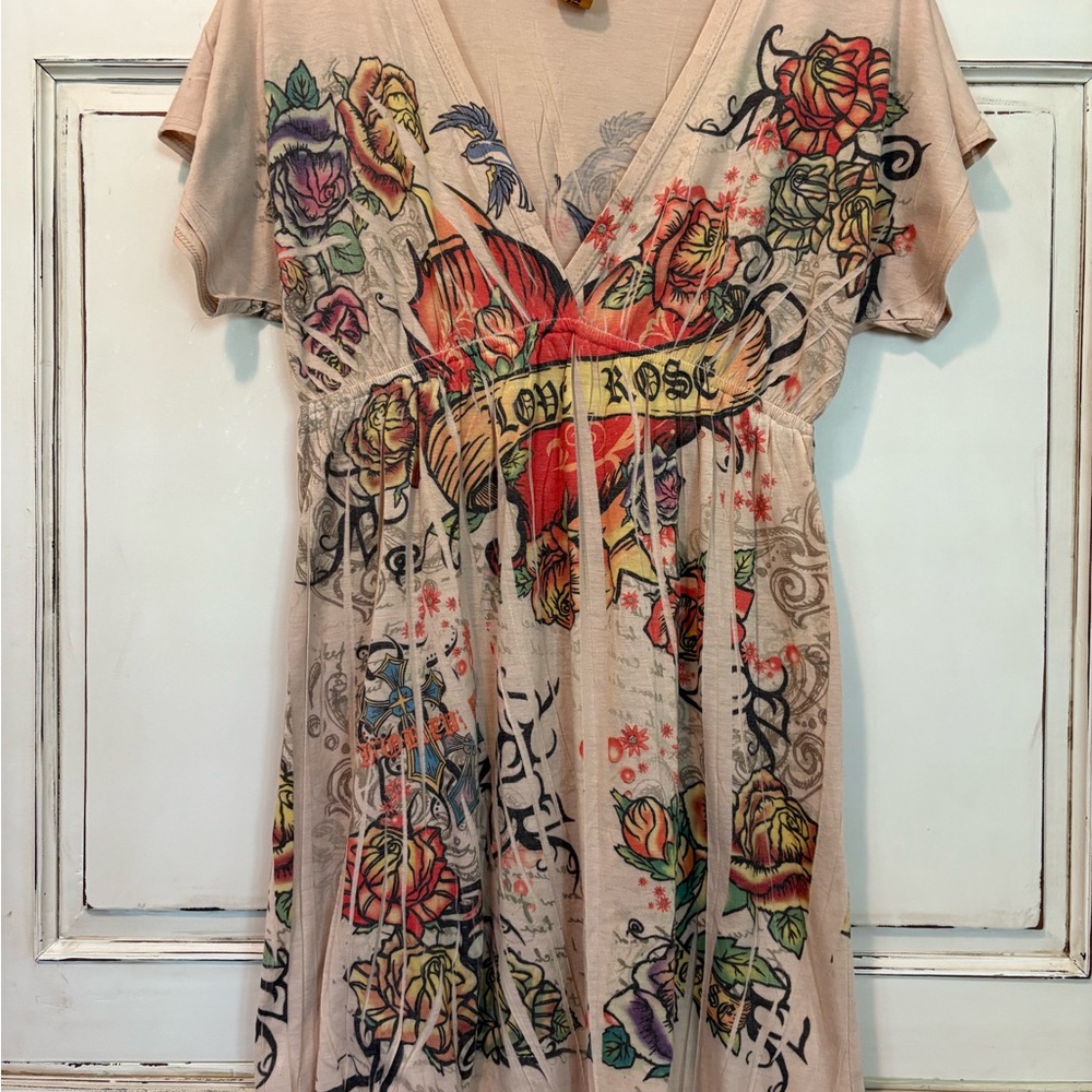 Tan and Red Graphic Midi Dress with T-Shirt Sleeves